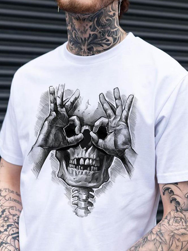 Skull with OK Pattern Graphic Casual Black Print T-shirt-1