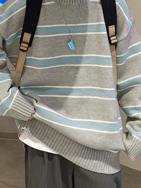 Men's Contrast Color Stripe Pull Over Sweater-3