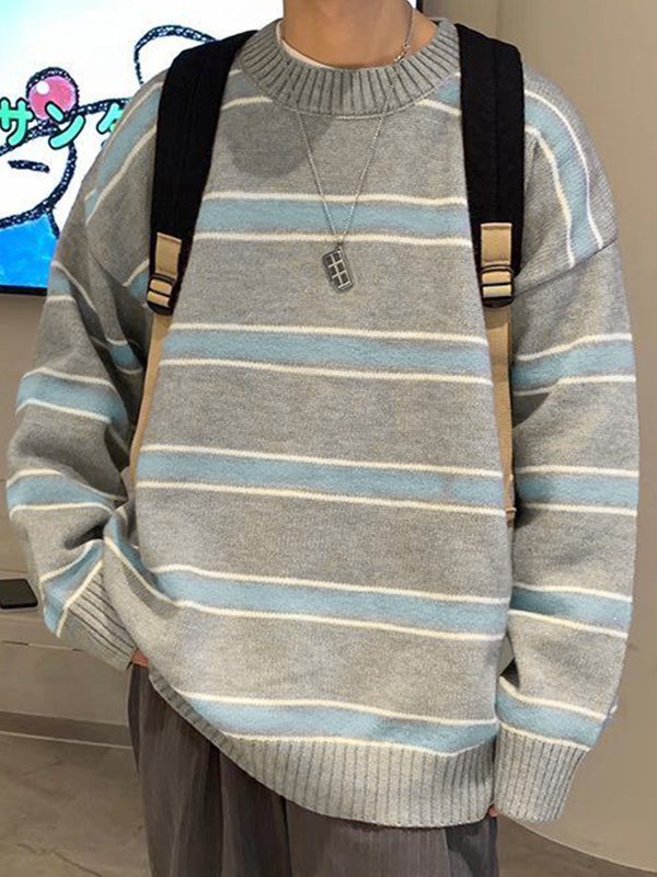 Men's Contrast Color Stripe Pull Over Sweater-2