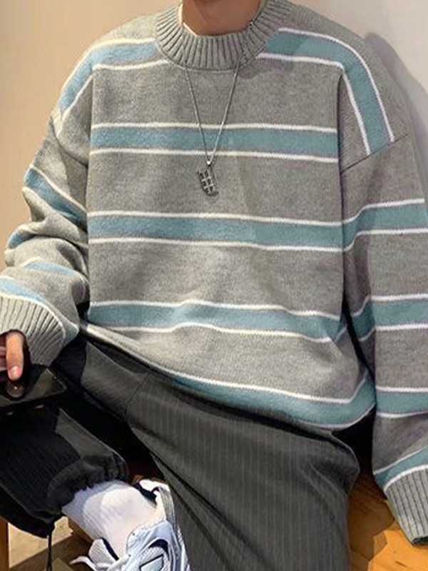 Men's Contrast Color Stripe Pull Over Sweater-1