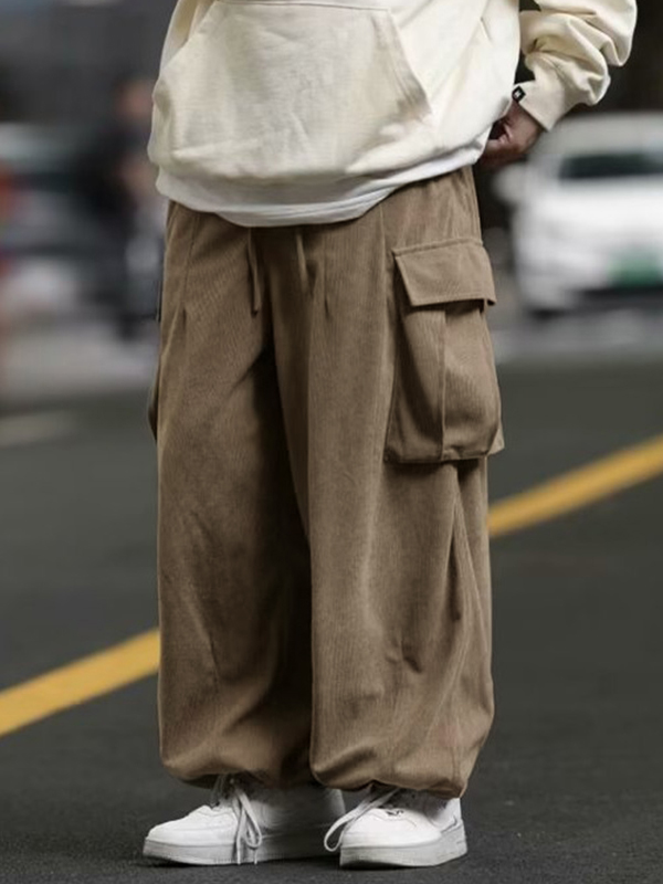 Men's Vintage Corduroy Multi Pocket Drawstring Cargo Pants-2