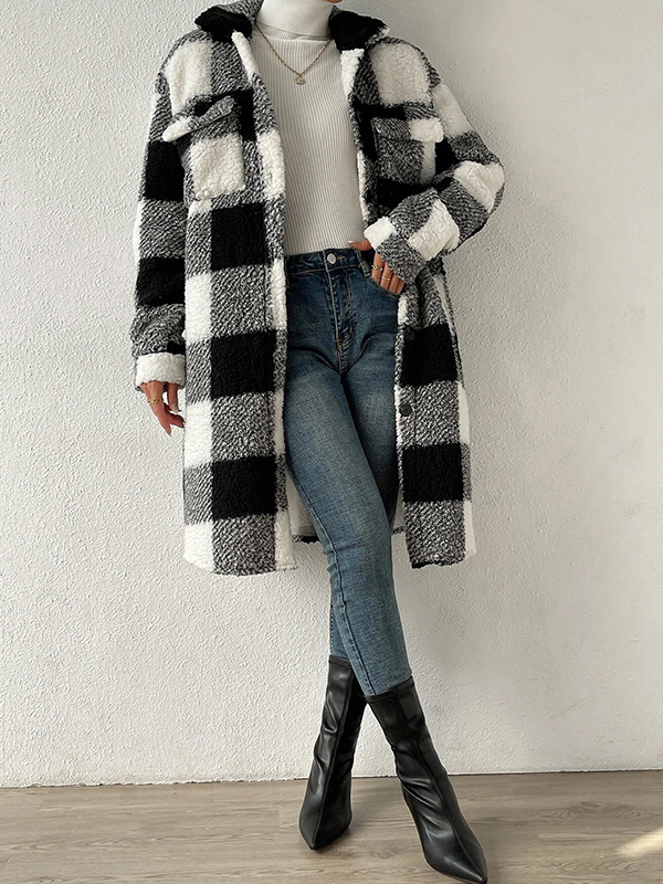 Plaid Tartan Lapel Neck Midi Jacket-3