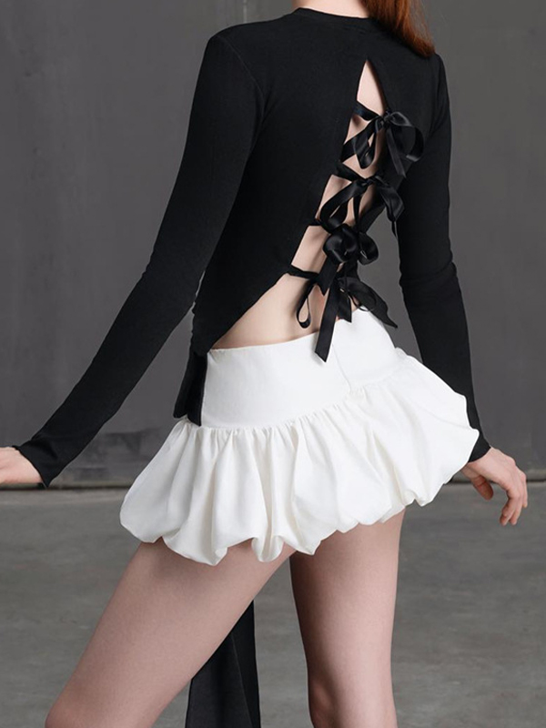 Solid Tie Back Long Sleeve Tee&Bow Decor Bud Skirt Set-2
