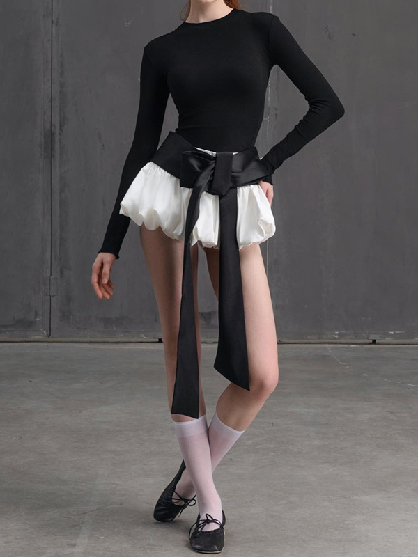 Solid Tie Back Long Sleeve Tee&Bow Decor Bud Skirt Set-5