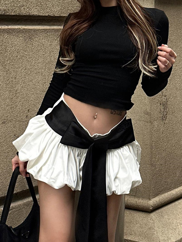 Solid Tie Back Long Sleeve Tee&Bow Decor Bud Skirt Set-1