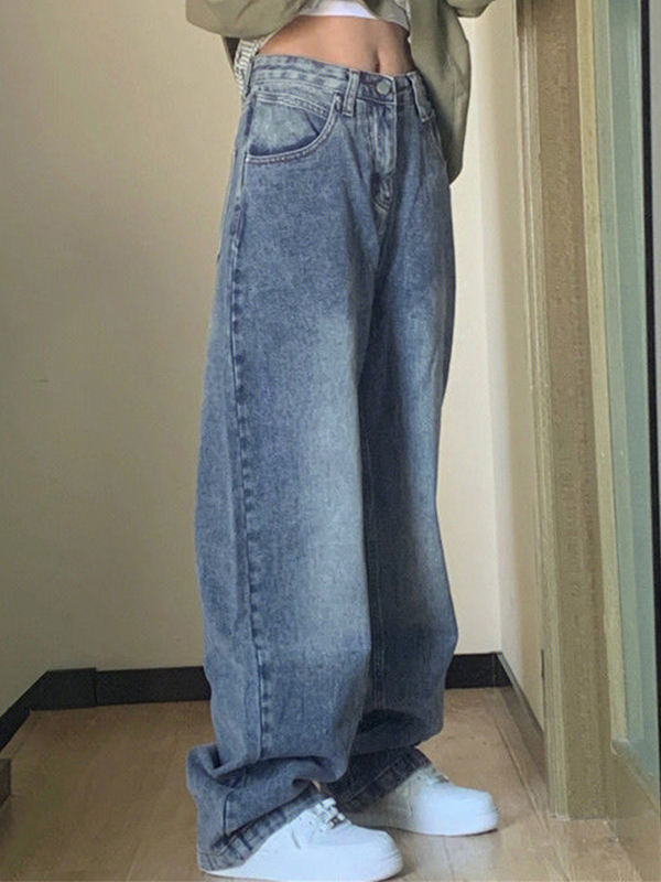Pocket Design Blue Wash Boyfriend Jeans-1