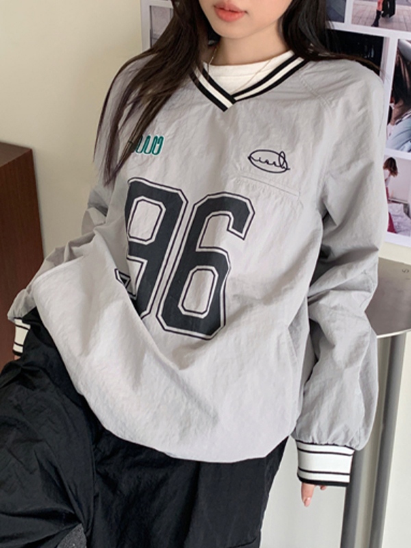 Number Print V Neck Thin Sweatshirt-1