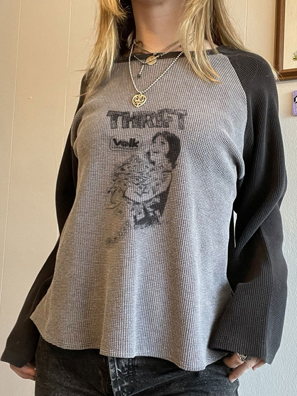 Waffle Portrait Print Raglan Oversized Long Sleeve Tee-1