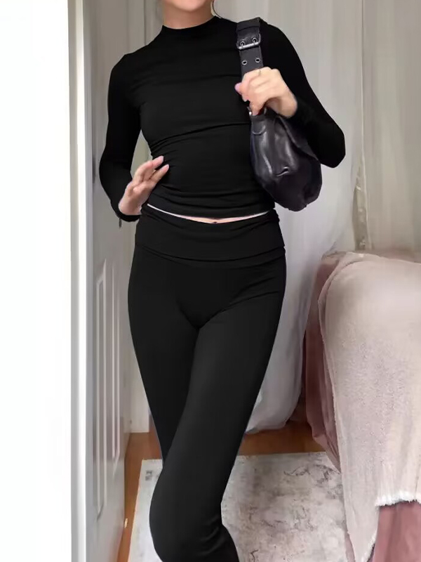 Solid Slim Long Sleeve Tee&Flare Leg Pants Set-1