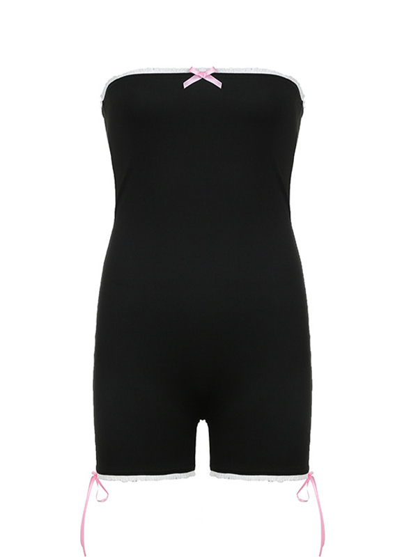 Contrast Trim Bow Tie Up Bandeau Romper-5