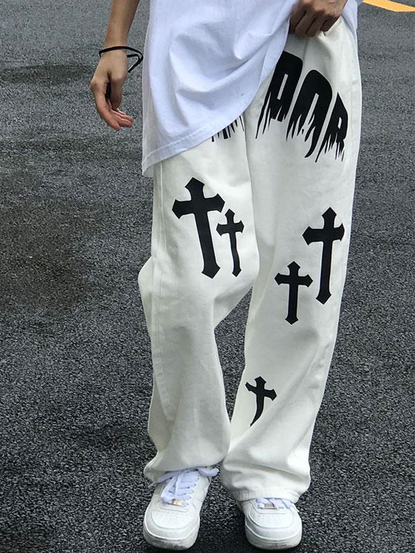 Men's White Wash Cross Pattern Straight Leg Jeans-1