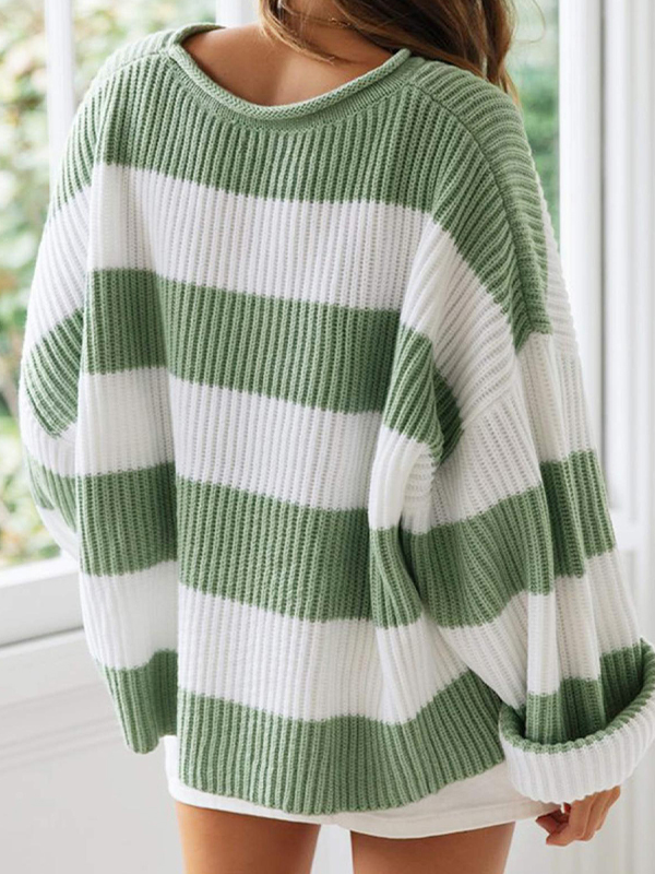 Casual Rib Stripe Baggy Knit Sweater-4