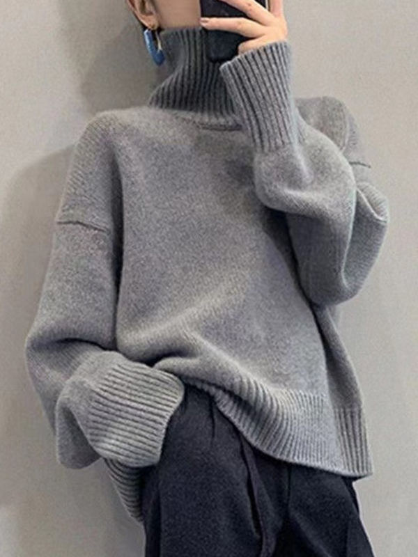 Solid High Neck Pullover Sweater-1