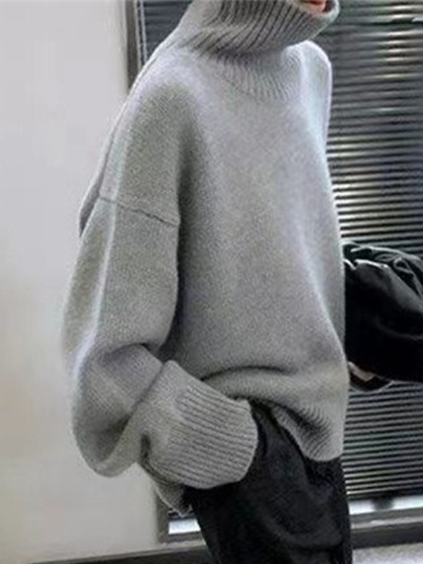 Solid High Neck Pullover Sweater-2