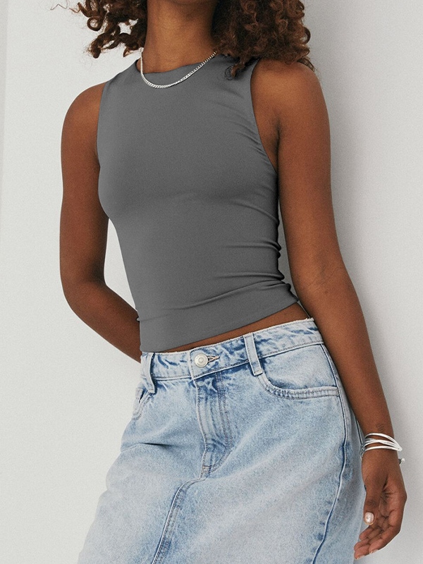 Solid Crew Neck Cropped Tank Top-3