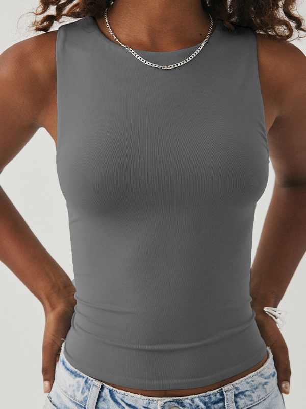 Solid Crew Neck Cropped Tank Top-1