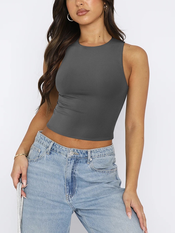Solid Crew Neck Cropped Tank Top-2